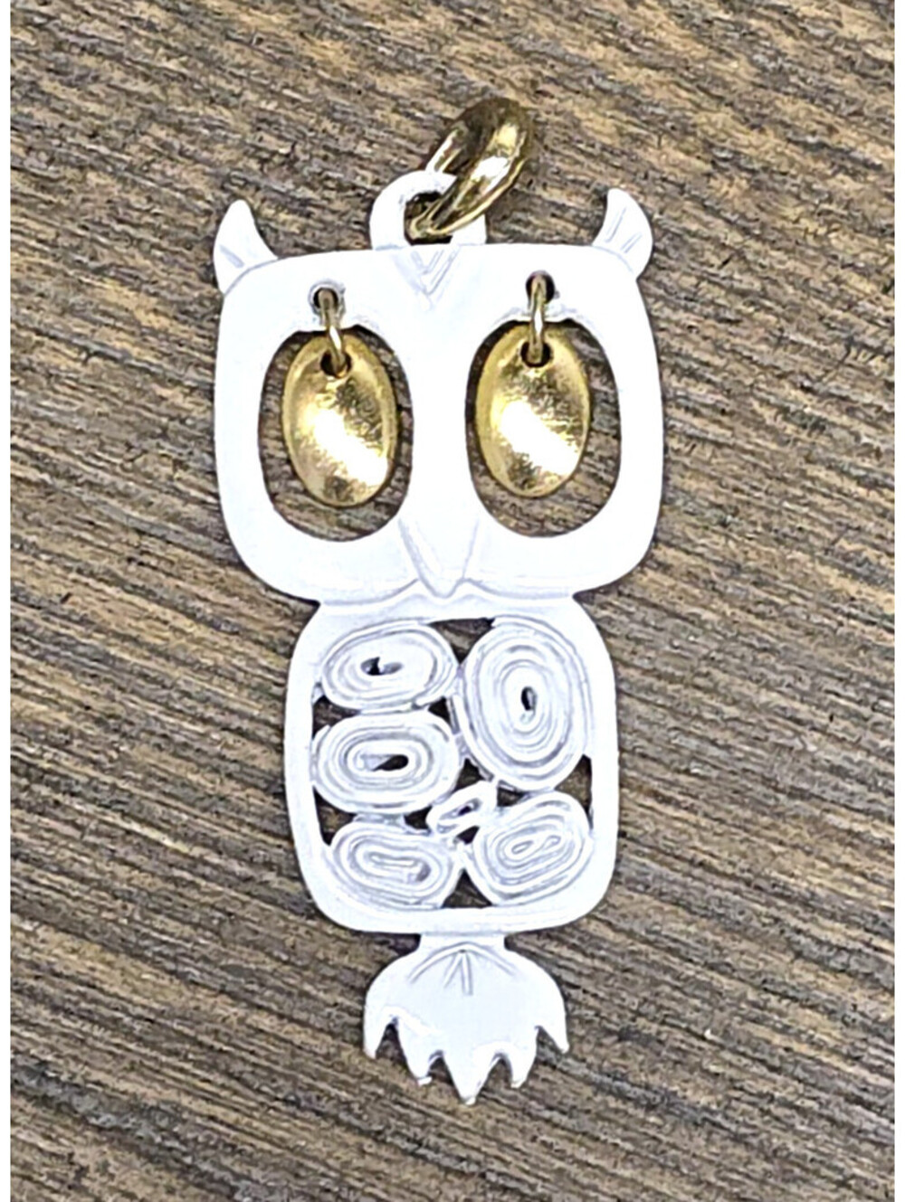Vintage White Enameled Owl Pendant Filigree Dangling Gold Eyes 2"